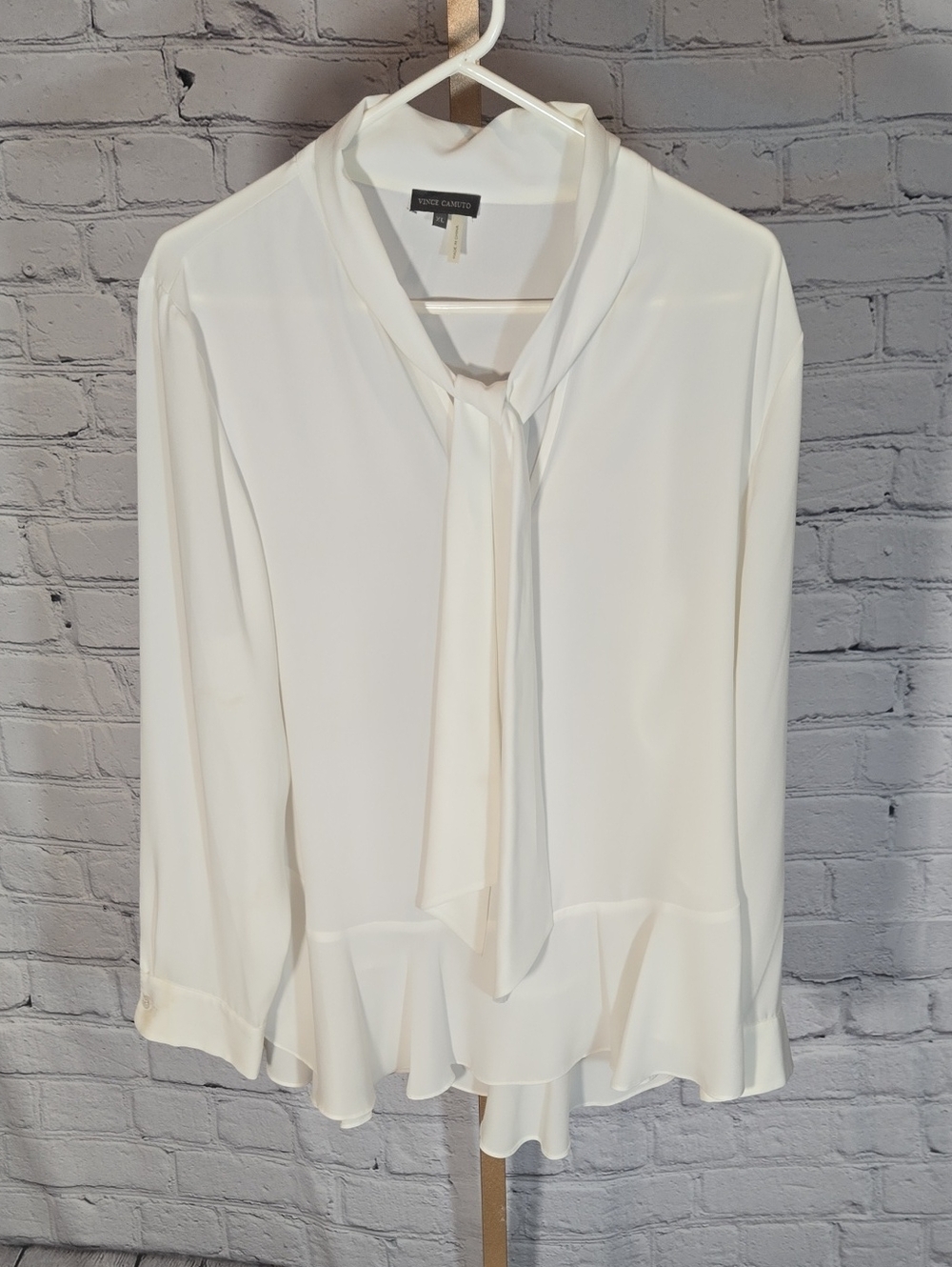 Vince Camuto Ivory Tie-Neck Ruffle Hem Blouse